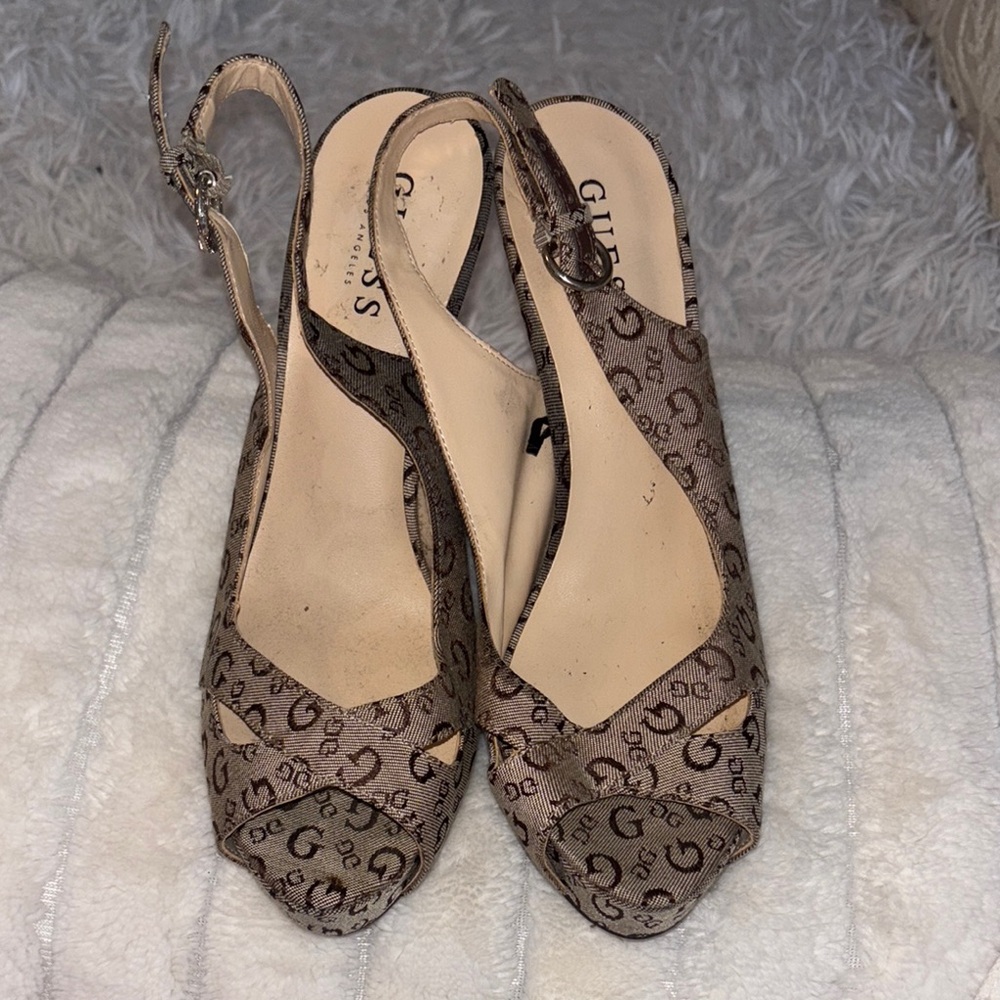 GUESS Brown Peep-Toe Slingback Heels